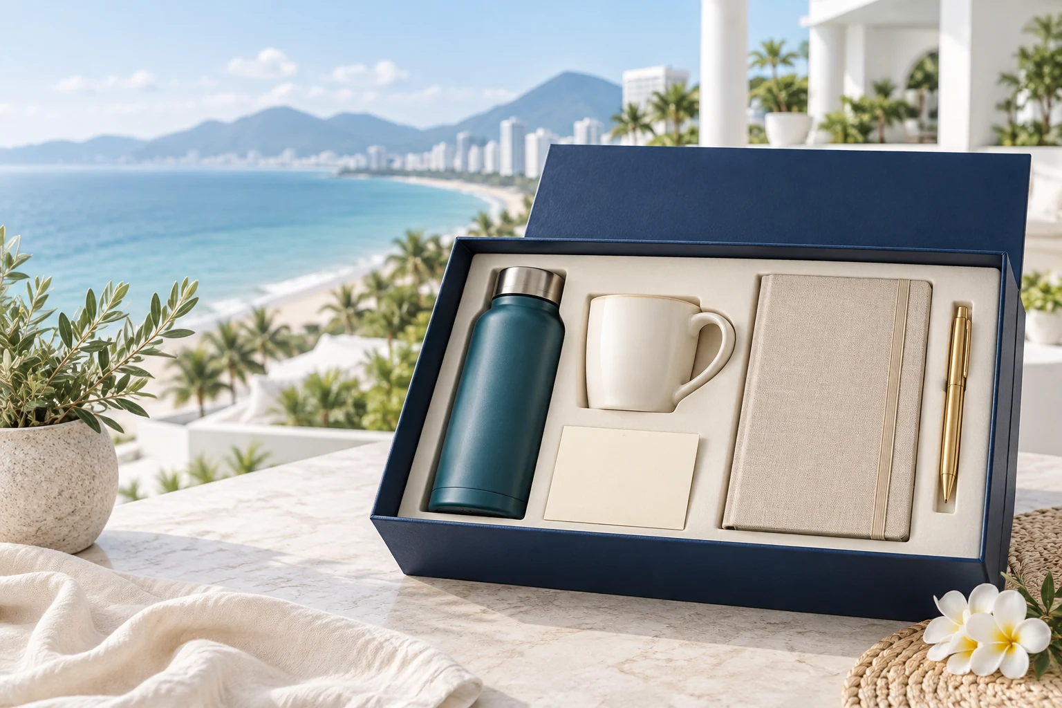 Bộ quà minh họa với bình, ly, sổ và bút trong bối cảnh biển Nha Trang