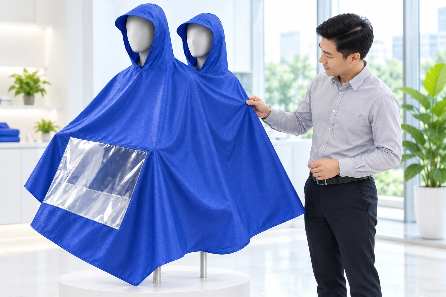 Người đặt quà xem bề mặt và dáng áo mưa hai đầu màu xanh