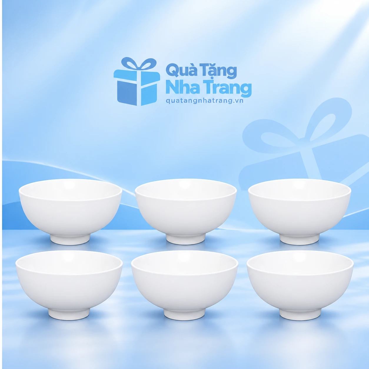 Bộ sáu bát cơm trắng trơn trên nền Quà Tặng Nha Trang