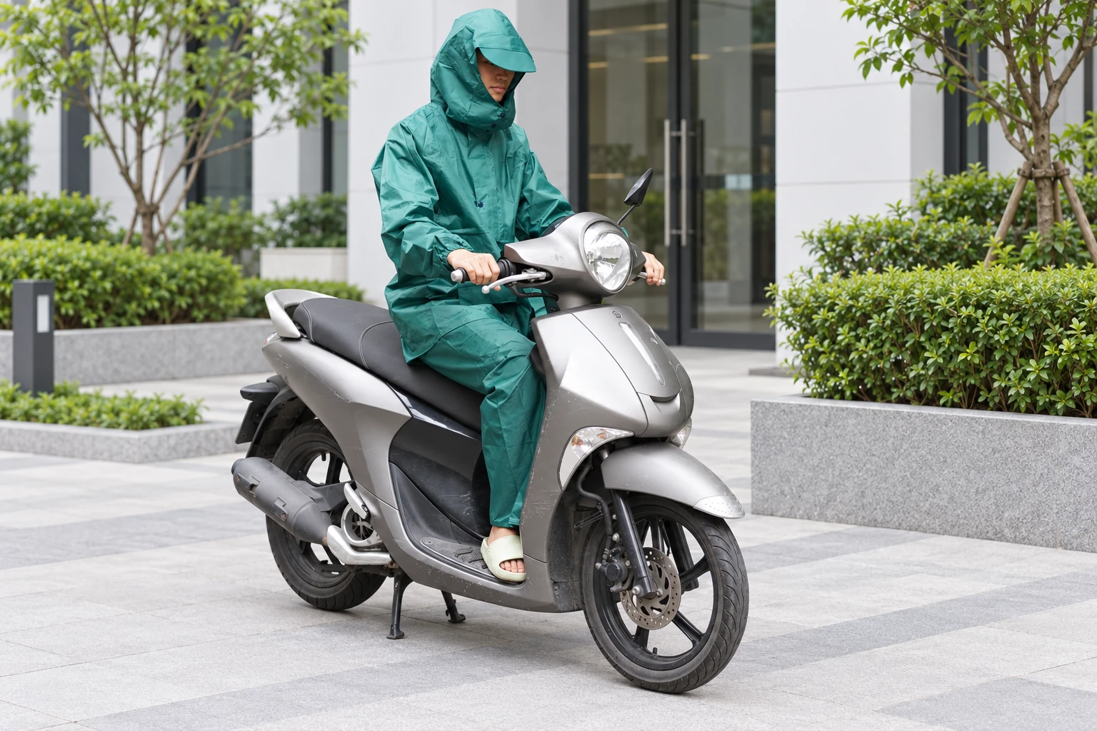 Người mặc bộ áo mưa xanh ngọc ngồi thử trên xe đã dựng ở sân khô