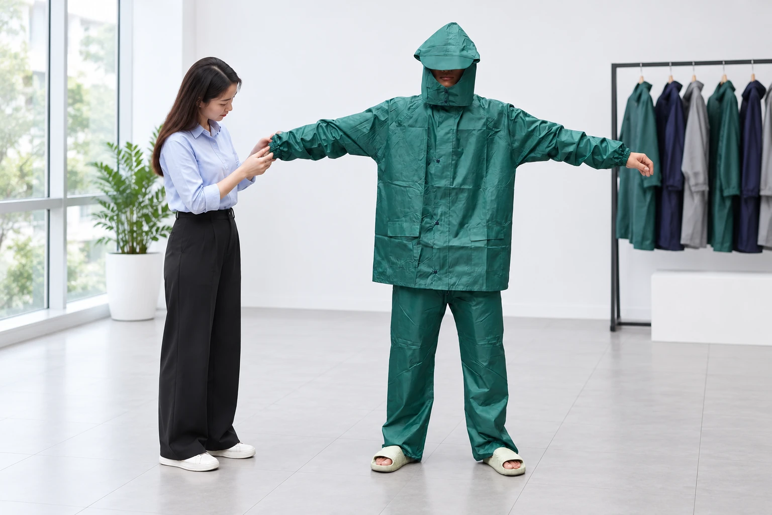 Người đặt quà xem cổ tay trên bộ áo mưa xanh ngọc khi mặc mẫu