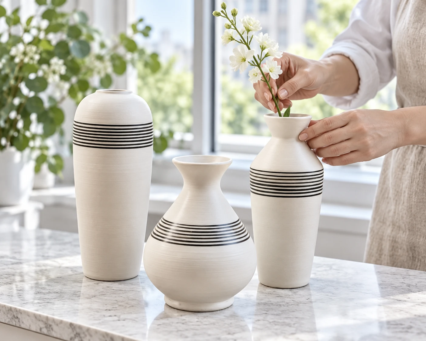 Người đặt một cành hoa trắng vào lọ cổ loe bên hai lọ còn lại