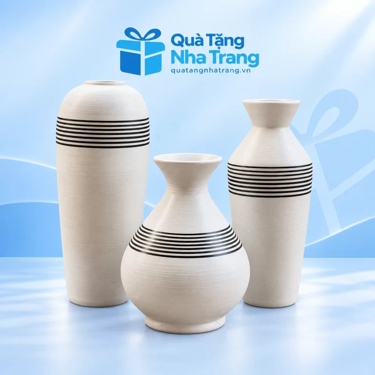 Bộ ba lọ hoa men xước màu kem sọc đen
