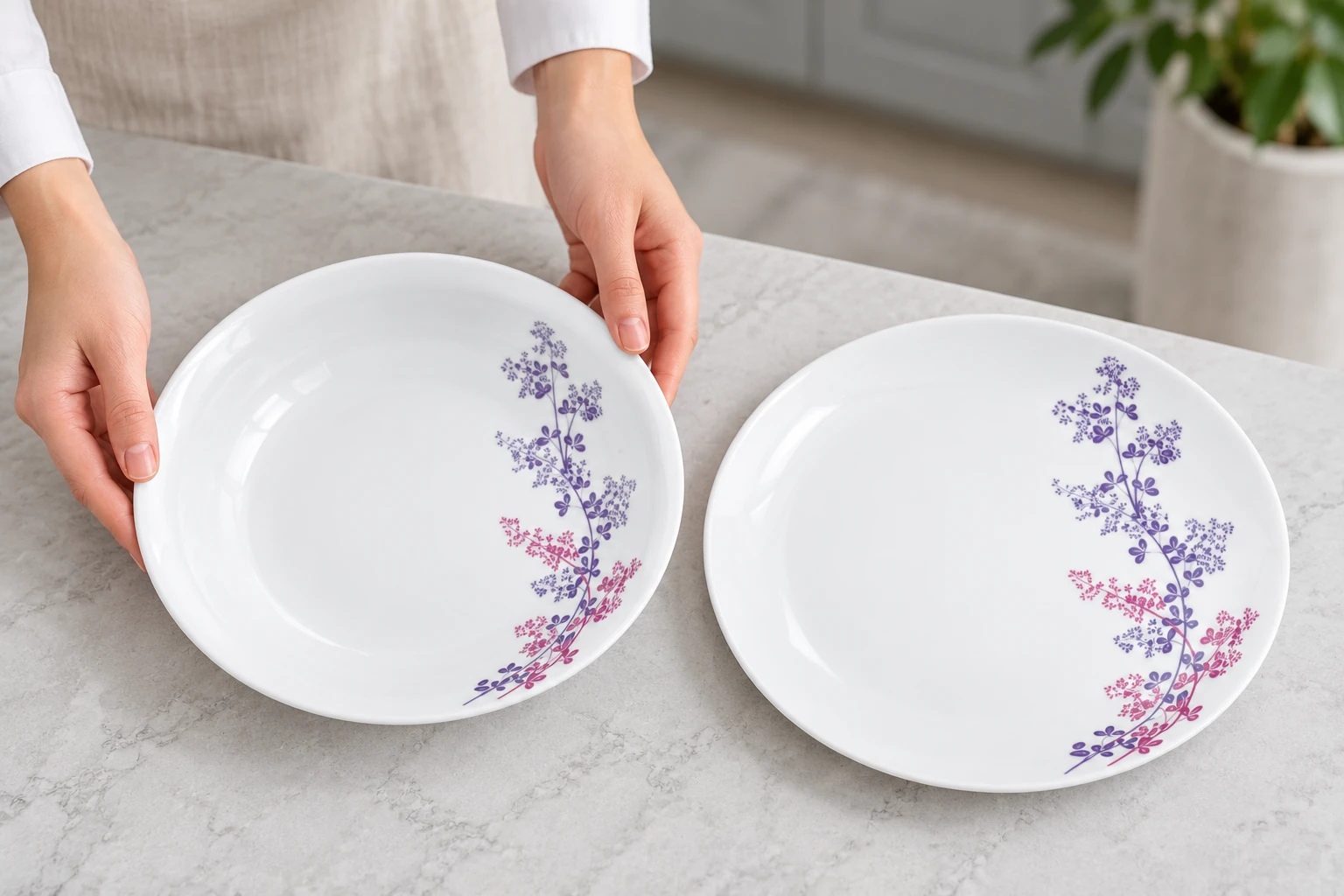 Người đặt hai đĩa Cỏ Tím cạnh nhau trên bàn trắng