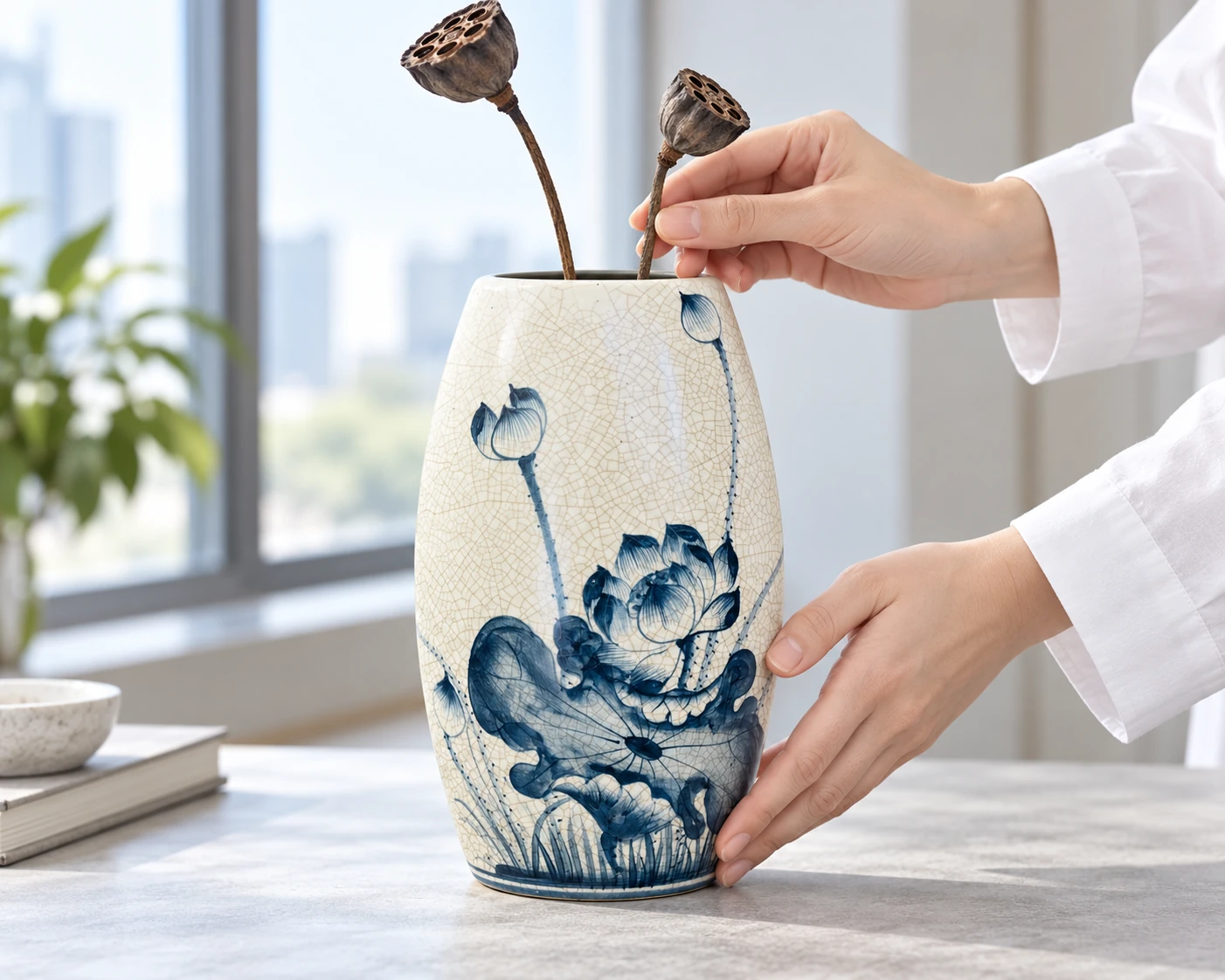 Người đặt hai cành sen khô vào lọ men rạn sen xanh