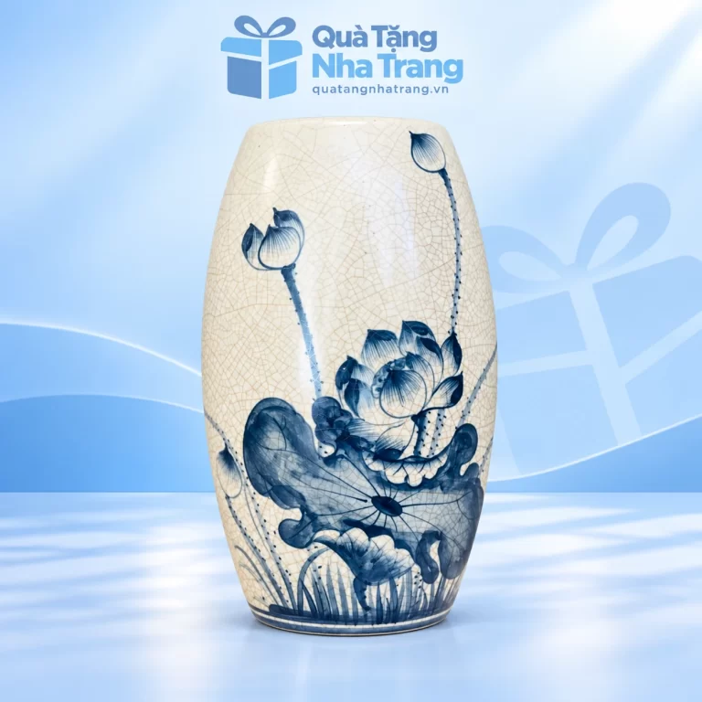 Lọ hoa thân bầu men rạn sen xanh