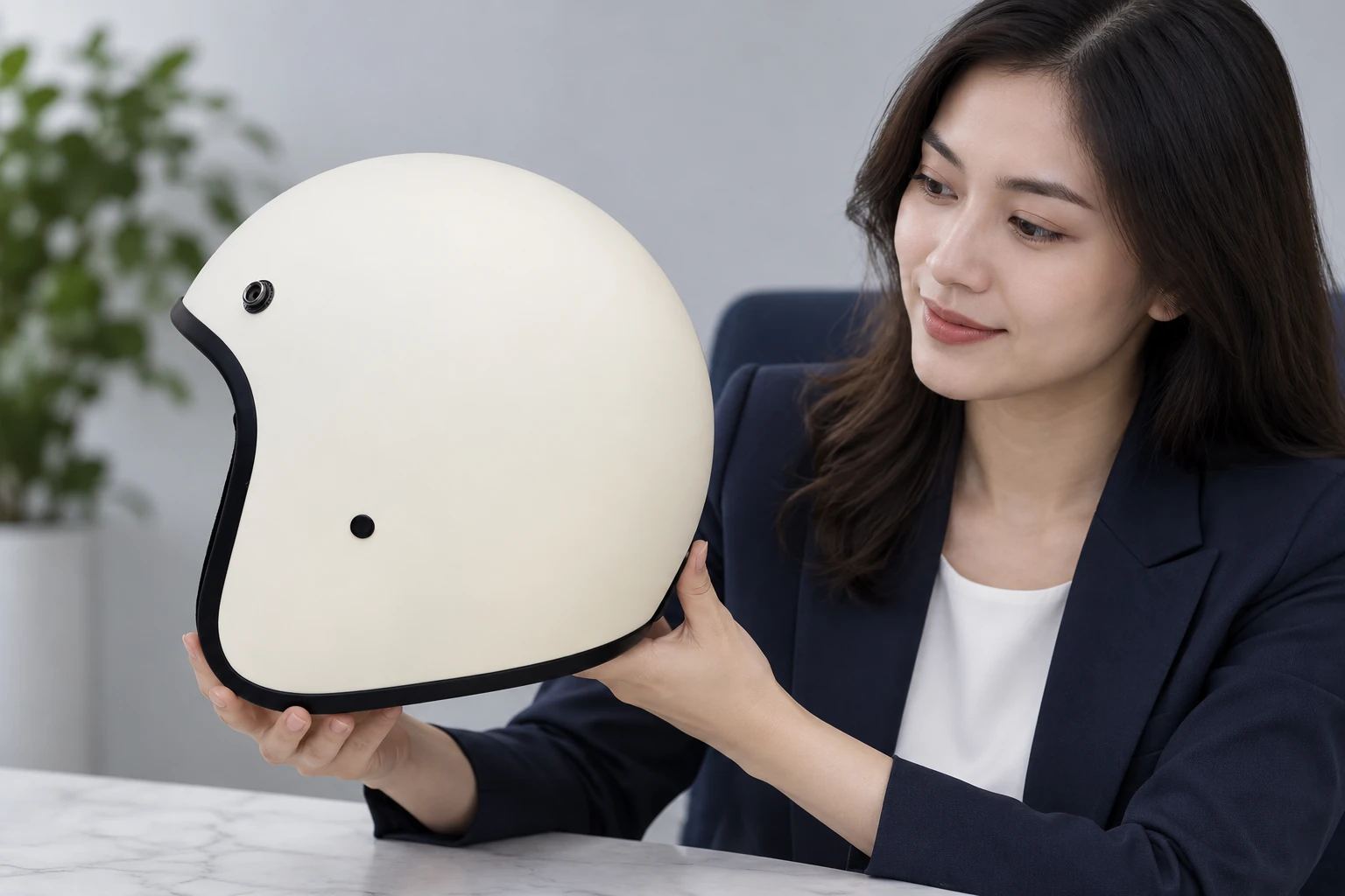 Người đặt quà cầm xem thân mũ 3/4 kem viền đen