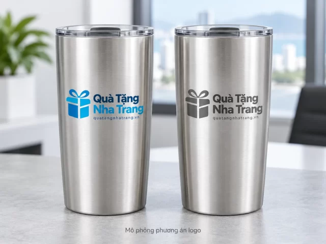 Hai cốc kim loại mô phỏng logo Quà Tặng Nha Trang ở bản màu và bản một màu.